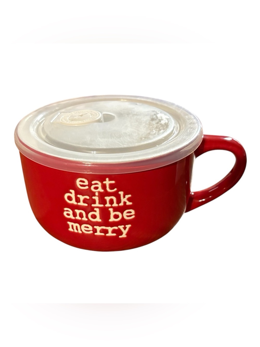 Joseph Red Ceramic Mug with Clear Snap Lid - 'eat drink and be merry'